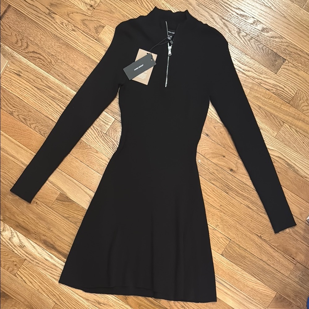 Elegant Black Long Sleeve Sweater Dress with Silver Zipper Detail